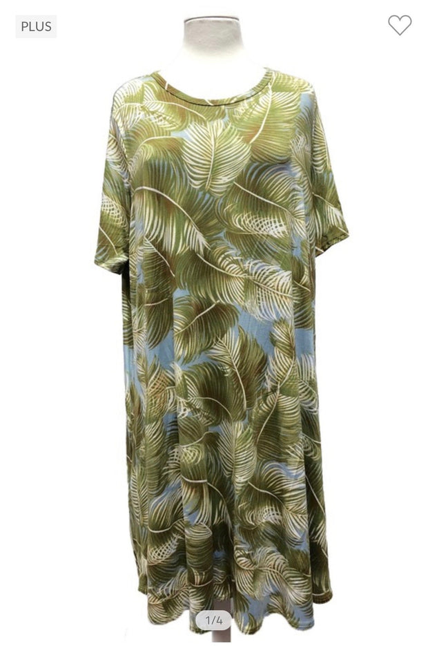89 PSS-A {Hidden In Leaves} Olive Leaf Print Dress PLUS SIZES 1X 2X 3X