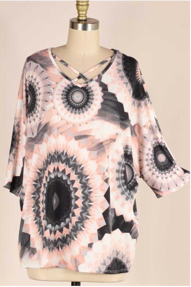 48 PSS-A {Moments Whispered} Peach Grey Medallion Print Top PLUS SIZE XL 2X 3X