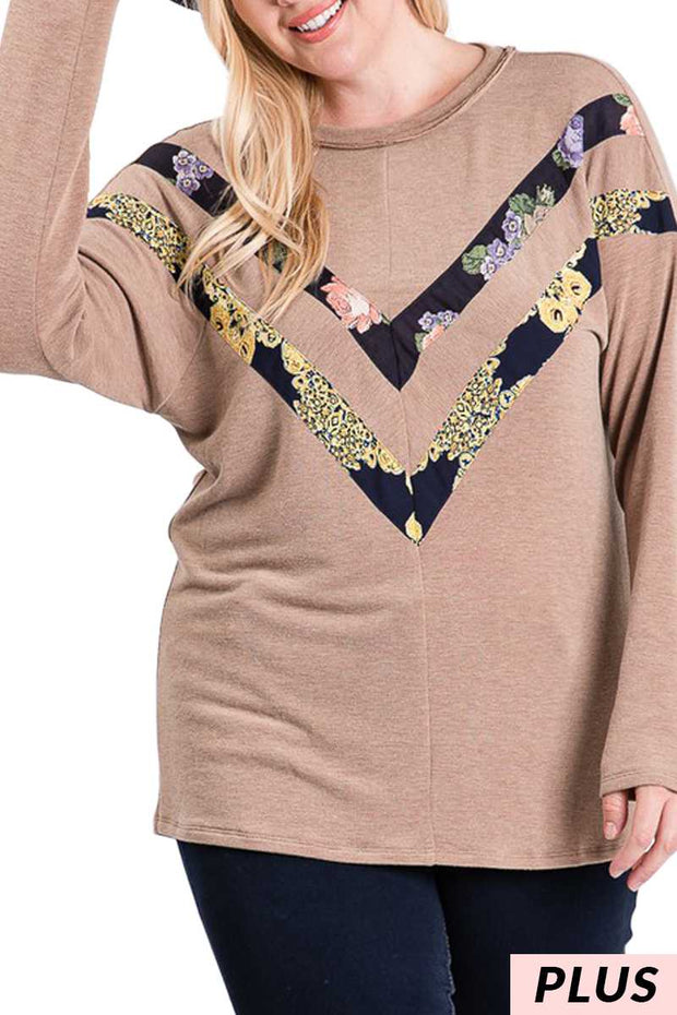 15 CP {Double The Fun} Mocha Top w/Floral V Accent PLUS SIZE 1X 2X 3X