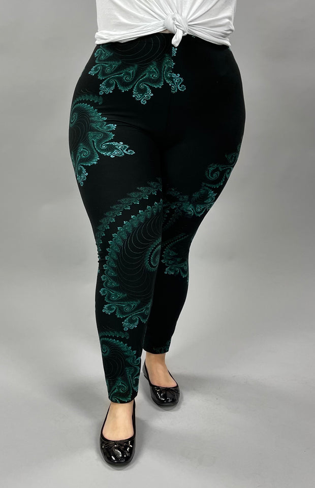 BT-99 {For The Love} Black/Teal Print Leggings EXTENDED PLUS SIZE 3X/5X