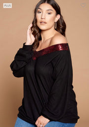 59 OR 27 CP-B {Red Sparks}  Black V-Neck Top W/Red Contrast PLUS SIZE 1X 2X 3X