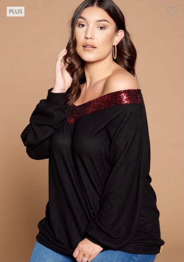 59 OR 27 CP-B {Red Sparks}  Black V-Neck Top W/Red Contrast PLUS SIZE 1X 2X 3X