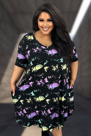 61 PSS-P {After Thought} Black w/Tie Dye V-Neck Dress EXTENDED PLUS SIZE 3X 4X 5X