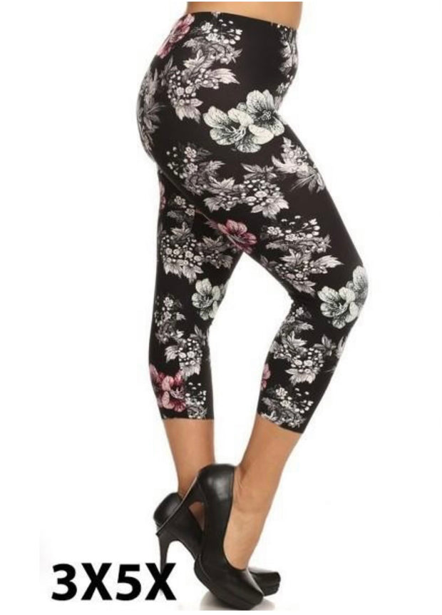 LEG-39 {Pace Yourself} Black/White Floral Leggings EXTENDED PLUS SIZE 3X/5X