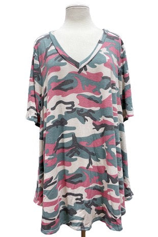 18 PSS-D {Pinky Promise} Teal Pink Camo V-Neck Top EXTENDED PLUS SIZE 3X 4X 5X