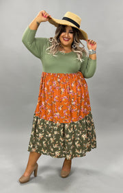 LD-M {Garden Date} Rust/Olive Floral Tiered Dress PLUS SIZE 1X 2X 3X