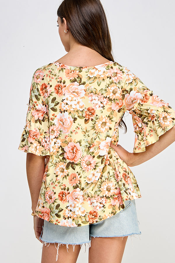 90 PQ {Simple Wishes} Yellow/Peach Floral Ruffle Sleeve Top PLUS SIZE XL 2X 3X