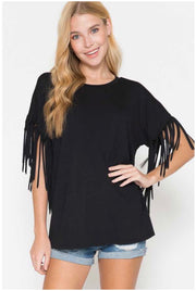 77 SSS-F {Flirty in Fringe} Black Tunic W/Fringe Sleeves PLUS SIZE 1X 2X 3X