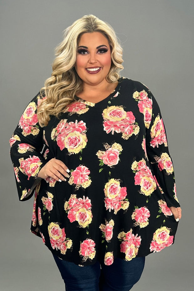 42 PQ {Every Rose} Black/Pink & Yellow Rose Print Top EXTENDED PLUS SIZE 3X 4X 5X