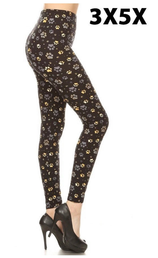LEG-H {Dog Days} Black Paw Print Full Length Leggings EXTENDED PLUS SIZE 3X-5X