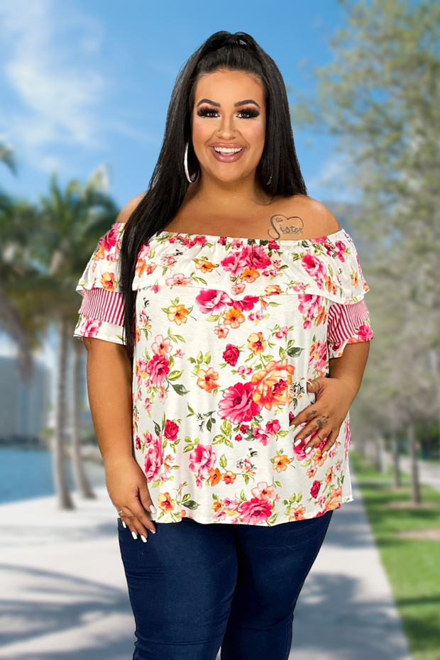 37 CP-P {I See A Difference} Raspberry Floral Stripe Top PLUS SIZE 1X 2X 3X