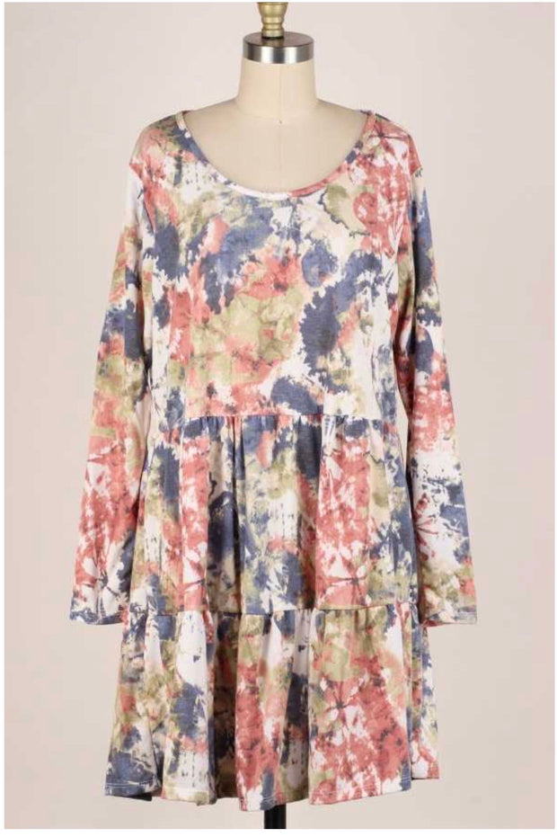 49 PLS-C {Finding Love} Ivory Green Blue Abstract Tiered Dress PLUS SIZE XL 2X 3X