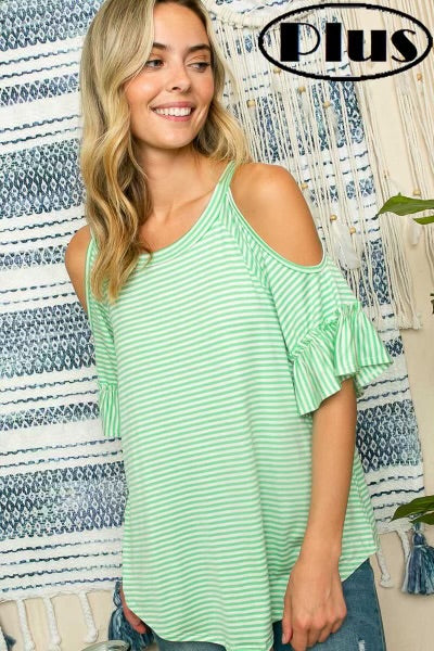 95 OS-F {Feels Just Right} Mint Striped Open Shoulder Top PLUS SIZE 1X 2X 3X
