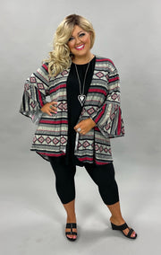 OT-C {Fall In Line} Black, Grey, Red Printed  Bell Sleeve Cardigan   PLUS SIZE 1X 2X 3X