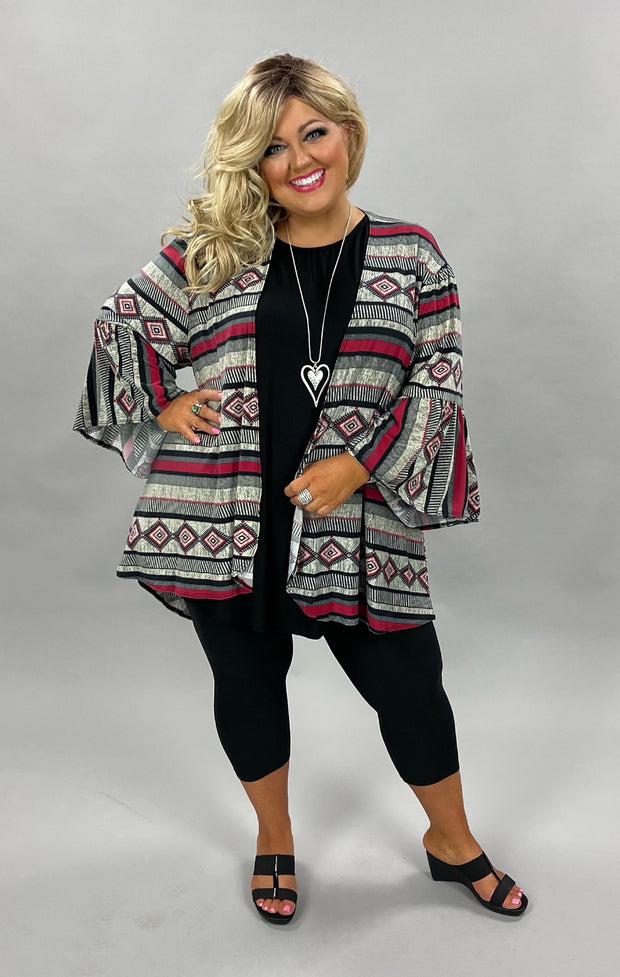 OT-C {Fall In Line} Black, Grey, Red Printed  Bell Sleeve Cardigan   PLUS SIZE 1X 2X 3X