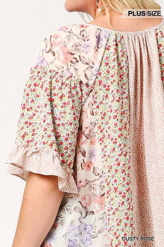 24 CP-W {Made The News} Dusty Rose Mixed Print Top PLUS SIZE XL 1X 2X