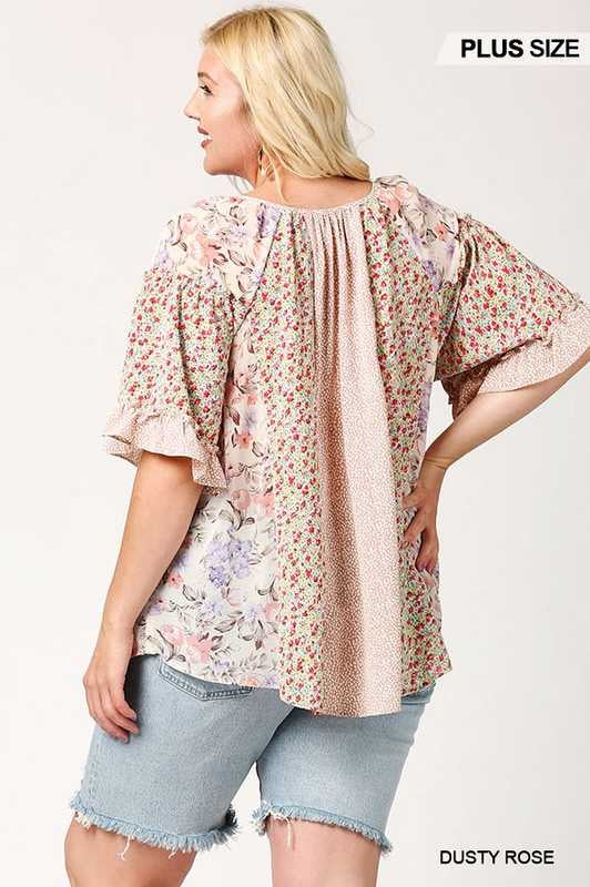 24 CP-W {Made The News} Dusty Rose Mixed Print Top PLUS SIZE XL 1X 2X