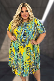 44 PSS-N {Let The Sun Shine} Mustard/Navy Leaf Print Dress EXTENDED PLUS SIZE 4X 5X 6X