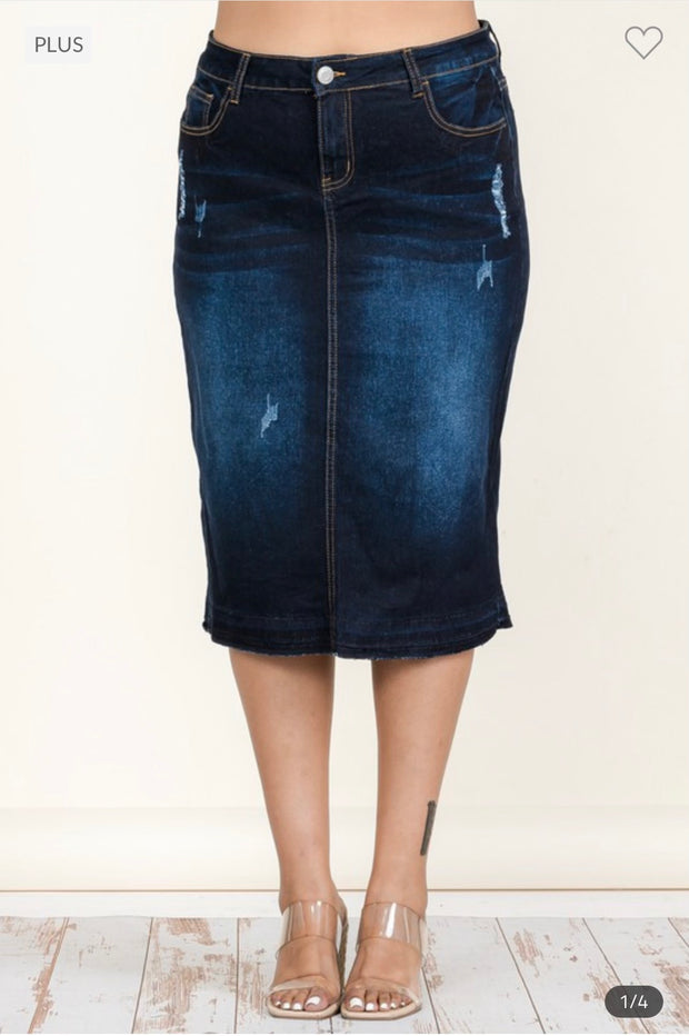 BT-99 {Lighten The Mood} Dk Indigo Denim Distressed Skirt  PLUS SIZE 1X 2X 3X