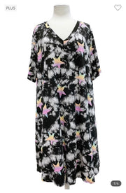 61 PSS-O {Star Of The Show} Black Tie Dye Star V-Neck Dress EXTENDED PLUS SIZE 3X 4X 5X