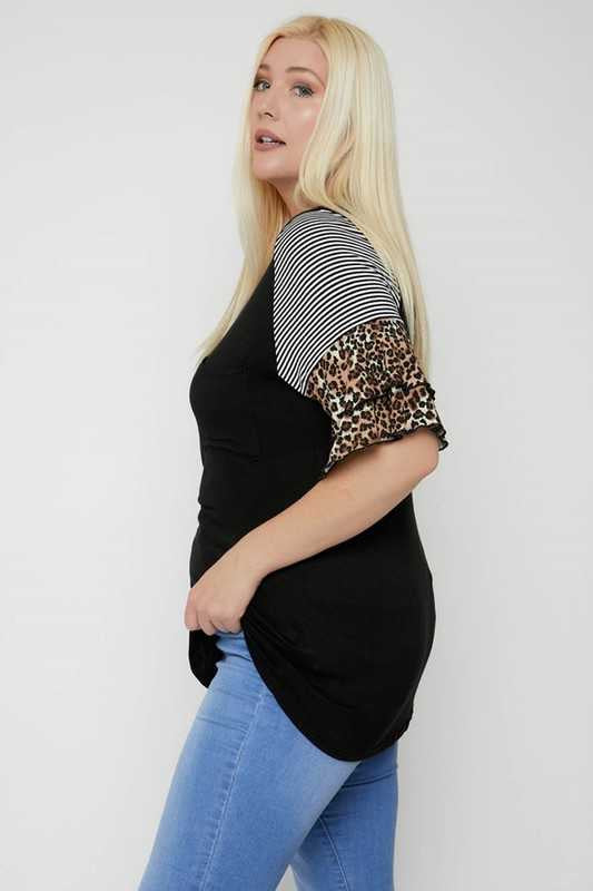22 CP-O {All Up To You} Black Leopard Ruffle Sleeve Top PLUS SIZE XL 2X 3X