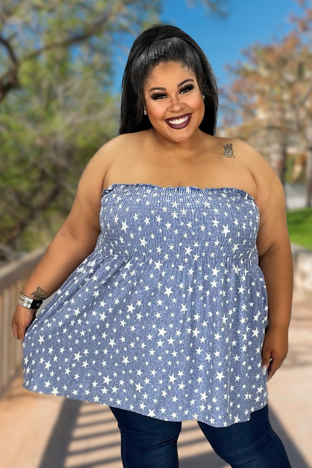 36 OS-A {USA Dream} Blue Star Smocked Strapless Top PLUS SIZE XL 2X 3X***SALE***