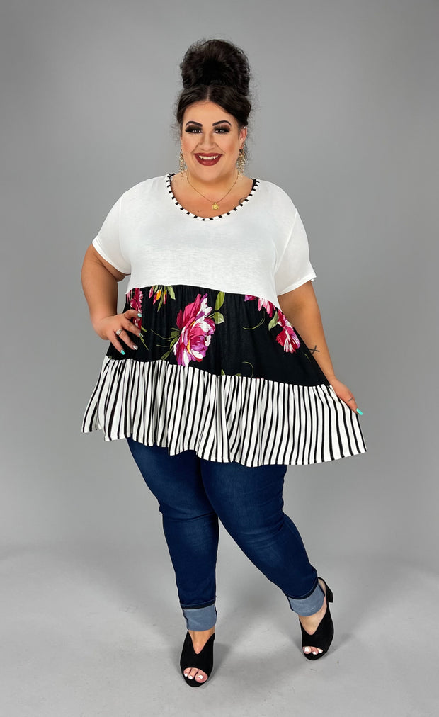 73 CP-Z {Sweet Honey} Ivory/Black Floral Tiered Top PLUS SIZE 1X 2X 3X