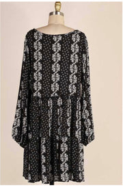 PLS-A {Little Darling}  Black & Ivory Floral  Print Elastic Sleeve  Dress