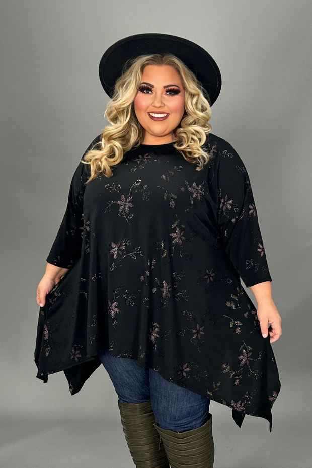 15 PQ {Create Your Dream} Black Top w/Glitter Floral Print EXTENDED PLUS SIZE 1X 2X 3X 4X 5X