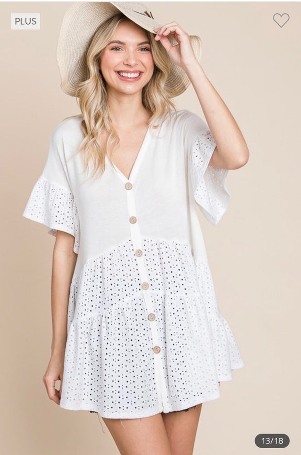 96 CP-B {Eyelet On Board} Ivory Button Up Eyelet Top PLUS SIZE 1X 2X 3X