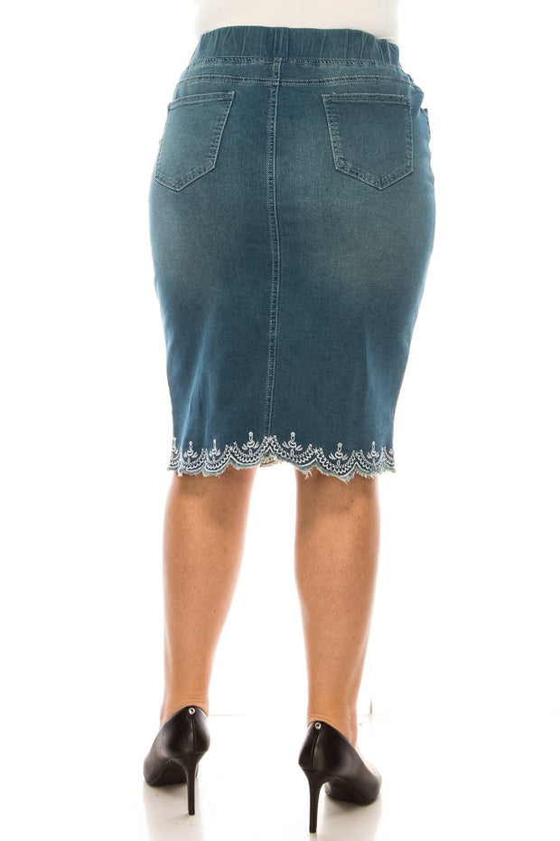 LEG-16 {Putting It Simply} Denim Embroidered Skirt EXTENDED PLUS SIZE 4X 5X