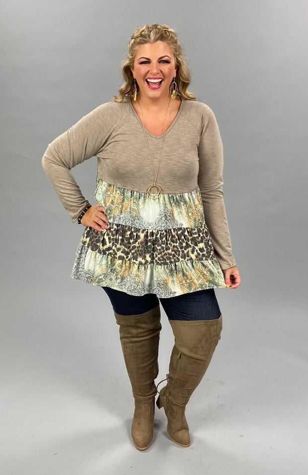 89  CP-D {Smitten} Tan/Print Multi-Tiered Top PLUS SIZE 1X 2X 3X