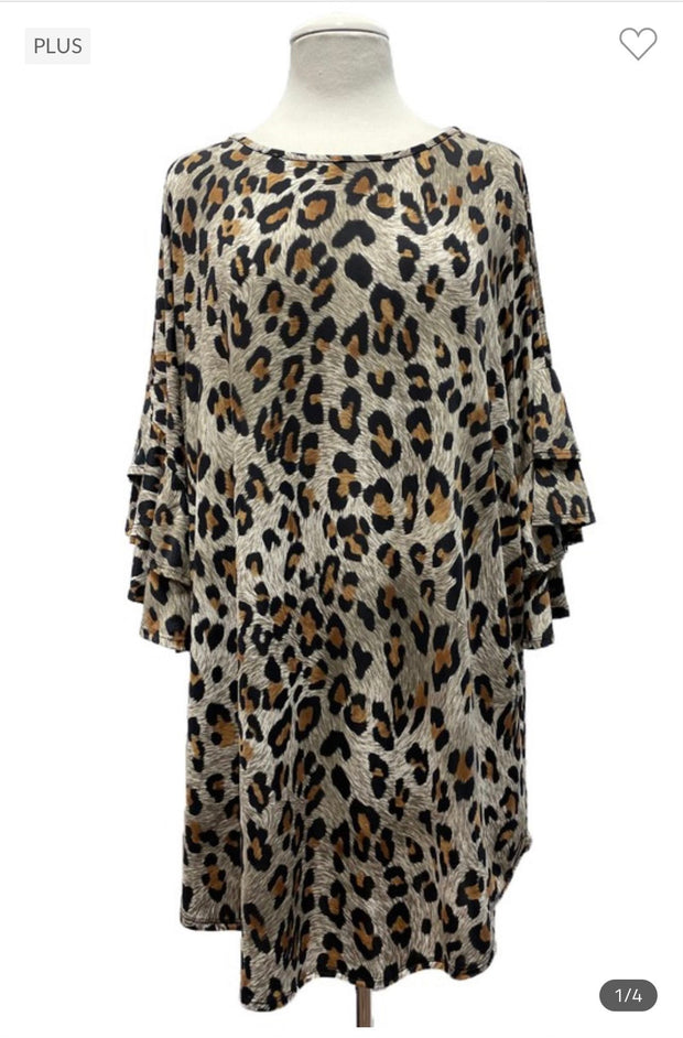 57  PQ-A {Wild Comfort} Brown Leopard Print Ruffle Sleeve Tunic EXTENDED PLUS SIZE 3X 4X 5X