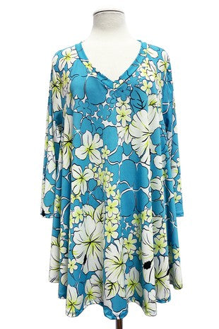 32 PQ {Nothing Matters More} Blue/White Floral V-Neck Top EXTENDED PLUS SIZE 3X 4X 5X