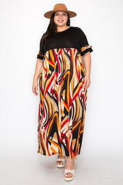 LD-R {Downtown Beauty} Black/Brown Print Maxi Dress EXTENDED PLUS SIZE 3X 4X 5X