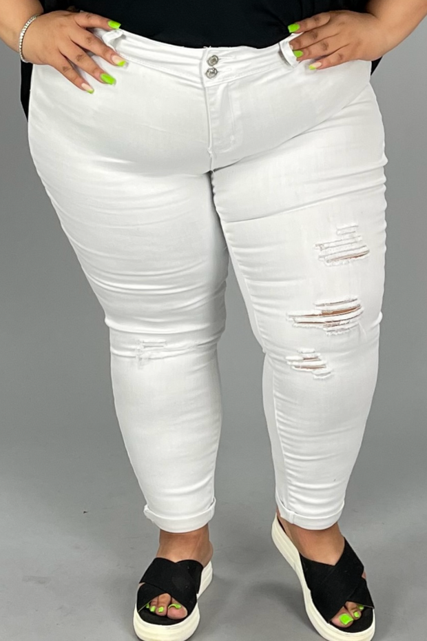 LEG-72 {YMI Wanna Betta Butt} White Ripped Cuffed Ankle Jeans PLUS SIZE 14 16 18 20