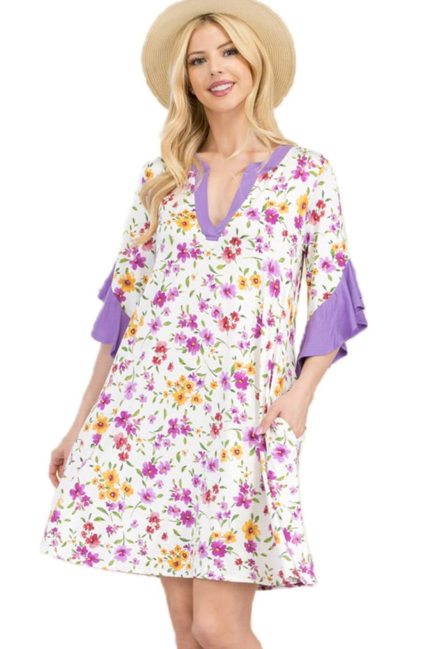 87 OR 33 CP-C {Floral Dreams} Lavender Floral Ruffle Sleeve Dress PLUS SIZE XL 2X 3X