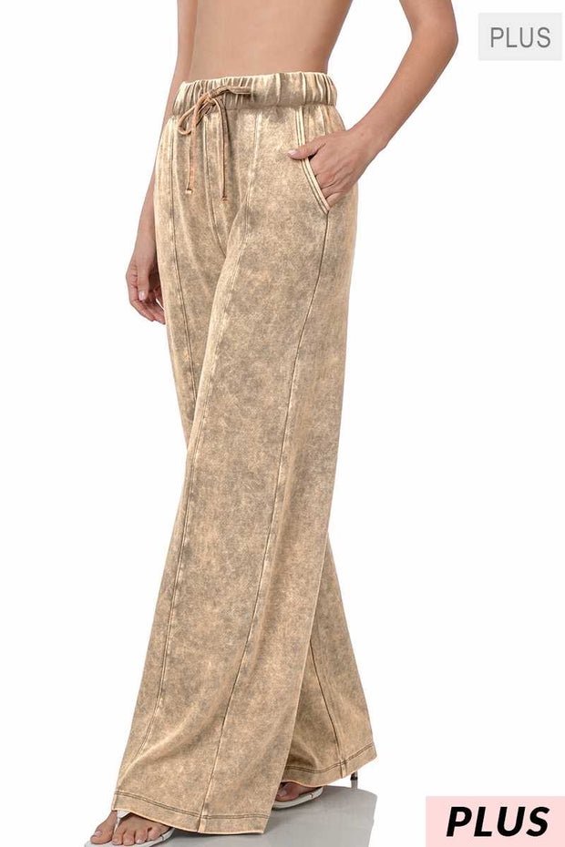 LEG-35 {Dressing For Me} Mocha Acid Wash Wide Leg Joggers PLUS SIZE 1X 2X 3X