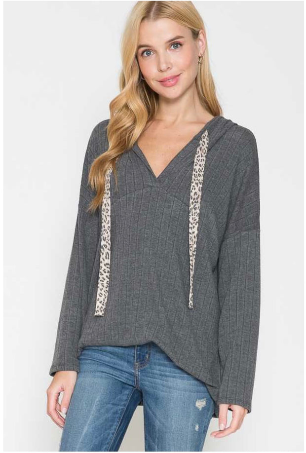 35 HD-A {Cozier Now} Charcoal Hoodie W/Leopard Tie SALE!!  PLUS SIZE 1X 2X 3X
