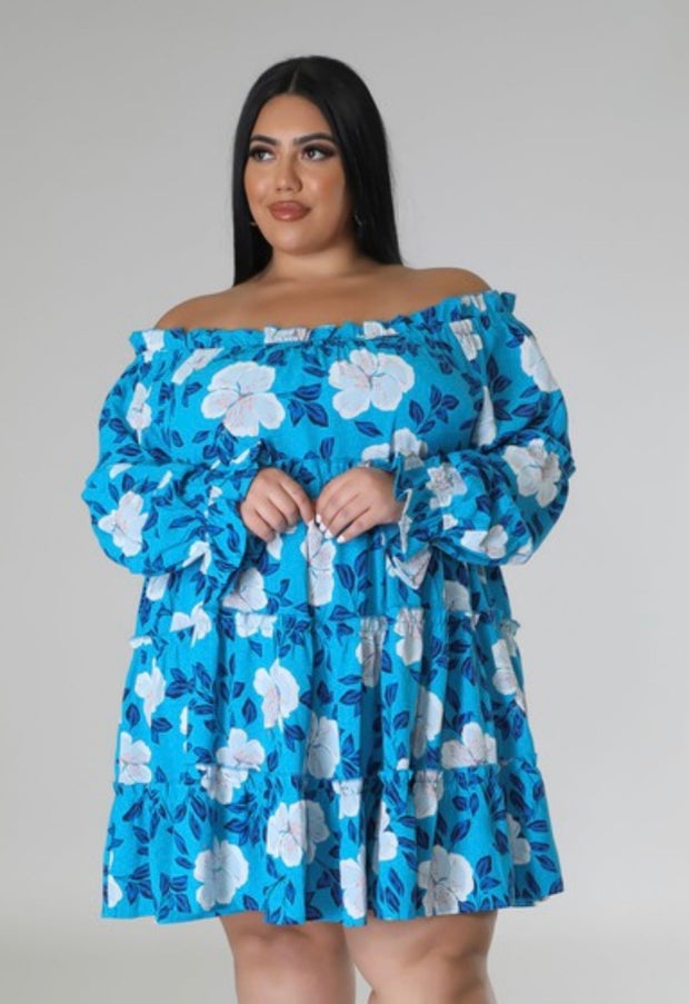 34 PQ-Q {Love For Life} Turquoise Floral Tiered Lined Dress PLUS SIZE 1X 2X 3X