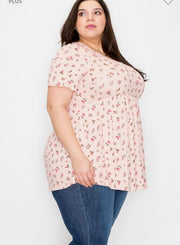 52 PSS-Z {Return To Love} Pink/Red Floral Print Babydoll Top PLUS SIZE XL 2X 3X