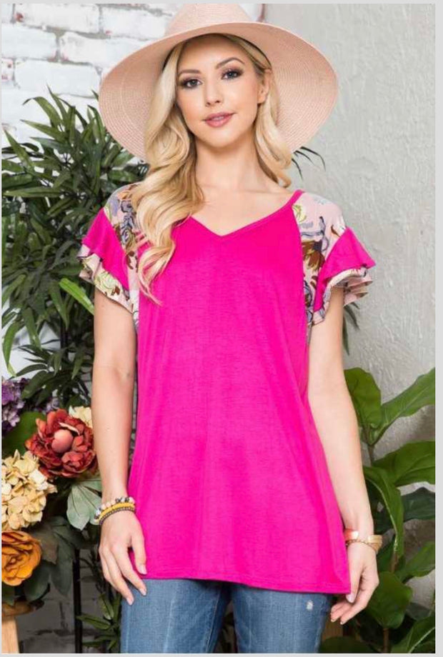 71 CP {Curvy Style} Fuchsia Tunic with Floral Contrast PLUS SIZE 1X 2X 3X