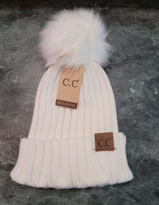 BIN/39-Ribbed Style C.C. Beanie With  Matching Fur Ball