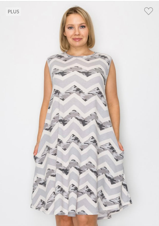 52 SV-B {March To The Beat} SALE!!!! Lt. Grey/Camo Chevron Print Dress EXTENDED PLUS SIZE 3X 4X 5X