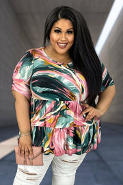 95 PSS-N {Brilliant Connection} Fuchsia Print Tiered Top EXTENDED PLUS SIZE 3X 4X 5X