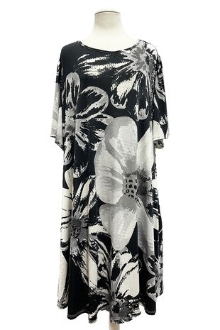 55 PSS {Floral Marvel} Black/Ivory Lg. Floral Print Dress EXTENDED PLUS SIZE 4X 5X 6X