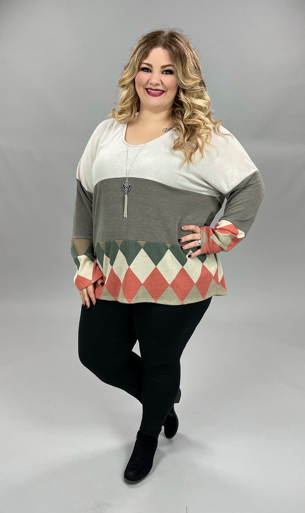 56 CP-I {Unexpected Treat} Rust V-Neck Print Top PLUS SIZE 1X 2X 3X