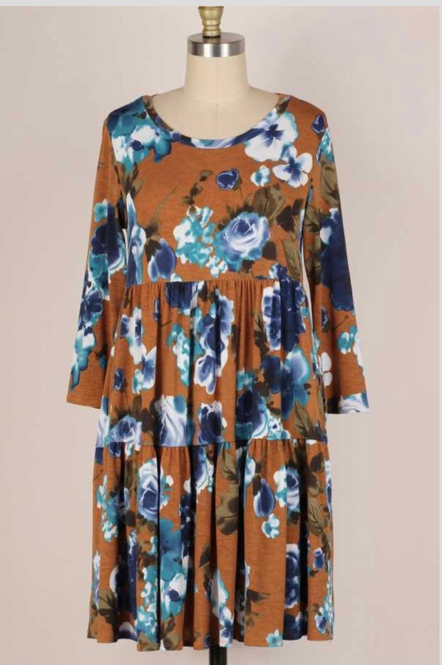32 PQ-B {Bloom Into Fall} Brown/Blue Floral Tiered Dress PLUS SIZE 1X 2X 3X