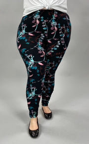 BT-99 {Water Color Vibes} Black Floral Leggings EXTENDED PLUS SIZE 3X/5X