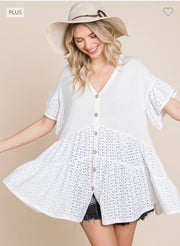 96 CP-B {Eyelet On Board} Ivory Button Up Eyelet Top PLUS SIZE 1X 2X 3X